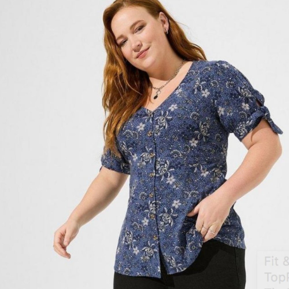 Torrid Floral Rayon Slub Button Up Tie Sleeve Top - image 2